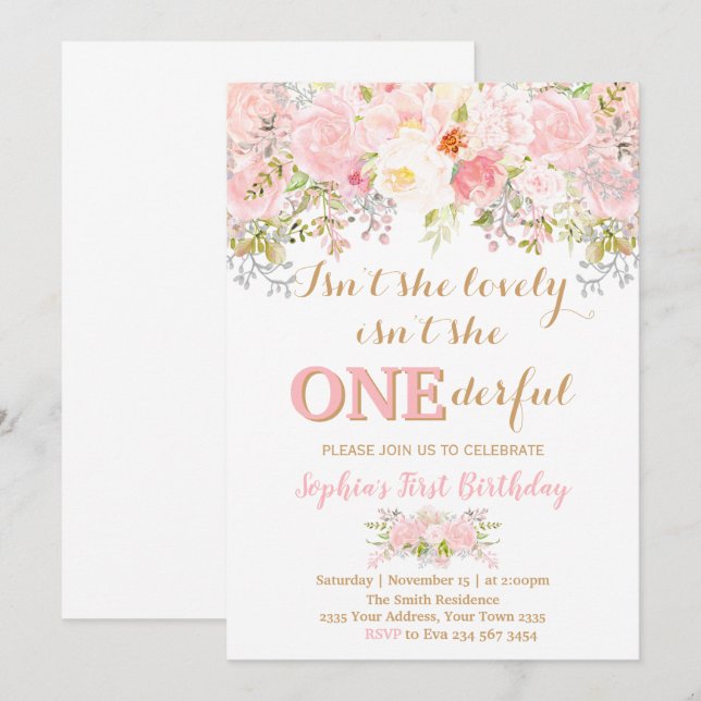 Invitación Girl Floral Isn't She Onederful 1st Birthday (Anverso / Reverso)