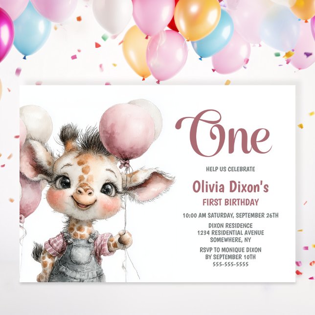 Invitación Girl Giraffe 1st Birthday Party Invitation (Subido por el creador)