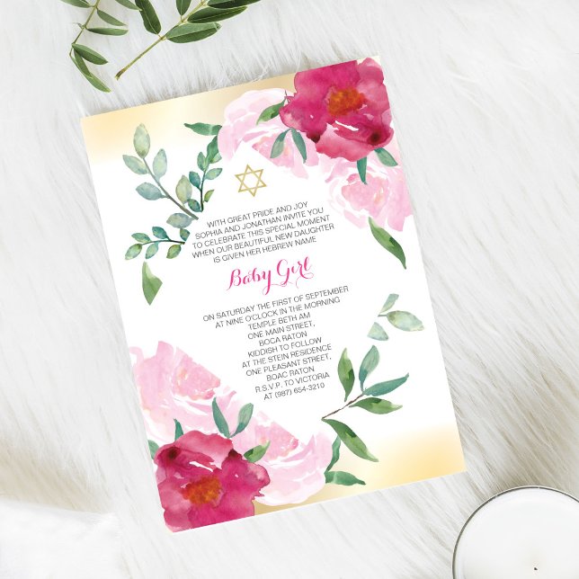 Invitación Girl Jewish Naming Day Invite - Pink Flower & Gold (Subido por el creador)