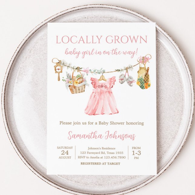 Invitación Girl Locally Grown Baby Shower (Girl Locally Grown Clothesline Baby Shower Invitation)