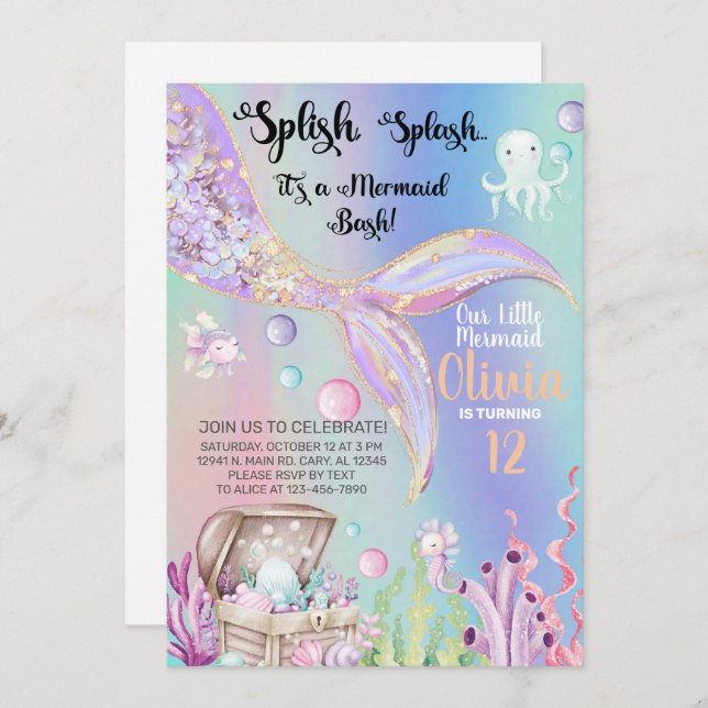 Invitación Girl mermaid watercolor and gold birthday invite. (Anverso / Reverso)