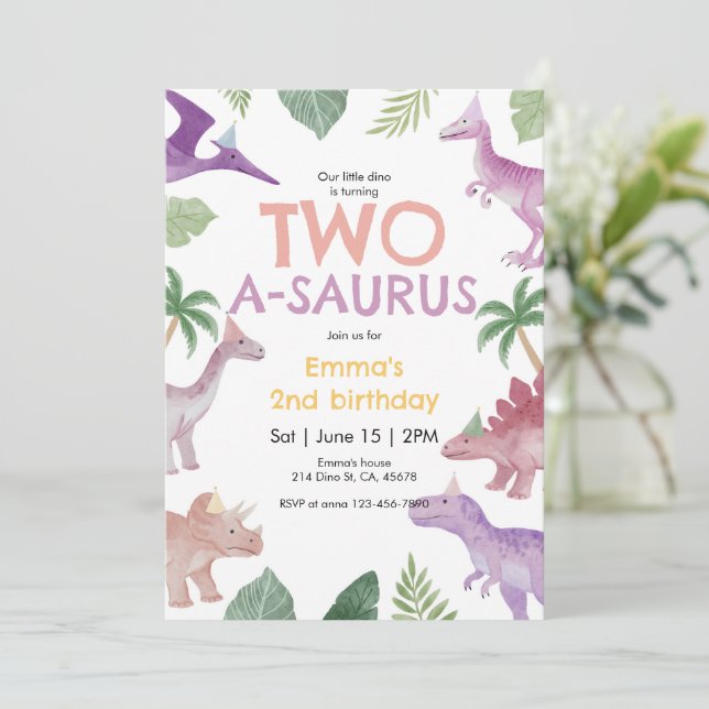 Invitación Girl One A Saurus Dinosaur Birthday Invitation (Anverso de pie)