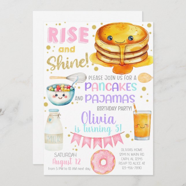 Invitación Girl pancakes and pajama birthday party invite. (Anverso / Reverso)