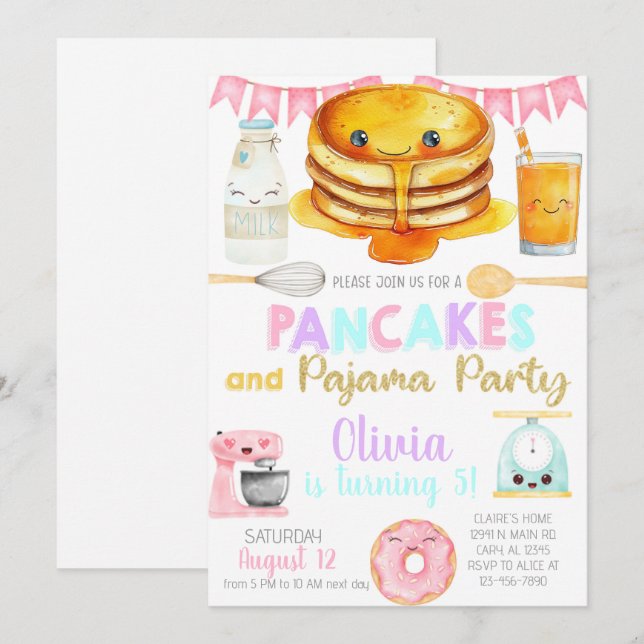 Invitación Girl pancakes and pajama birthday party invite. (Anverso / Reverso)