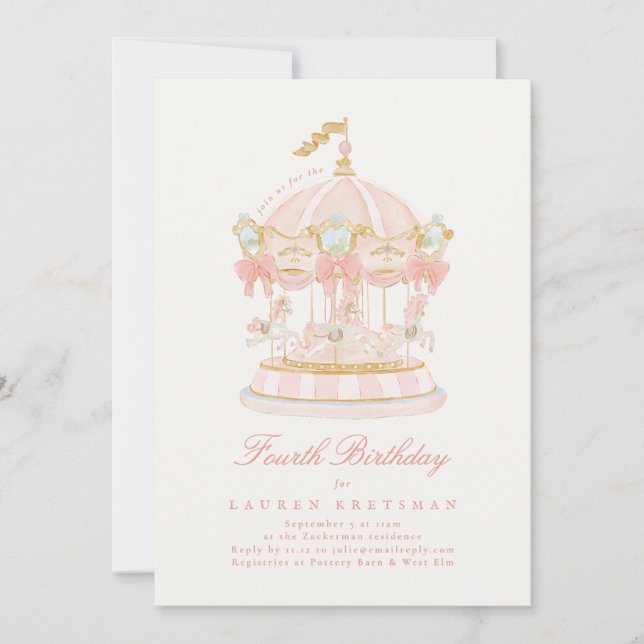 Invitación Girl Pink Fairytale Merry-Go-Round Birthday Party (Anverso)