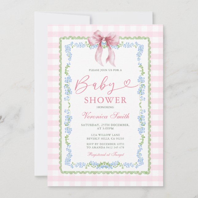 Invitación Girl Pink Grandmillenial Baby Shower Gingham (Anverso)