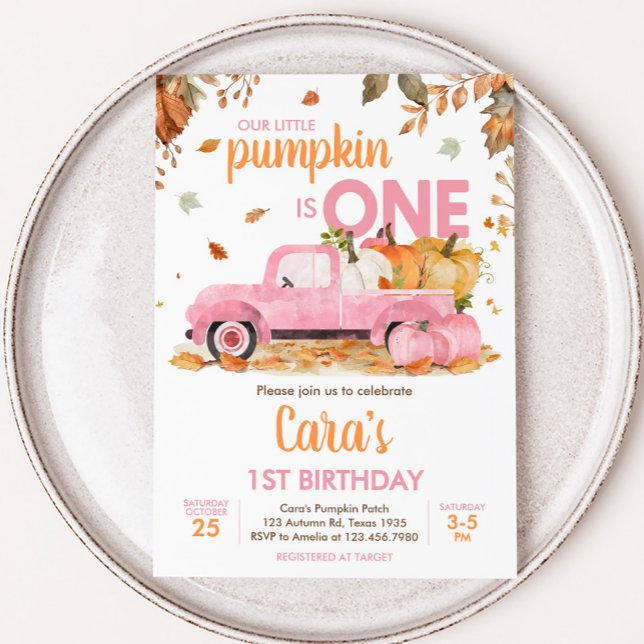 Invitación Girl Pink Pumpkin Truck Fall Birthday  (Pink Pumpkin Truck Fall Birthday Invitation)