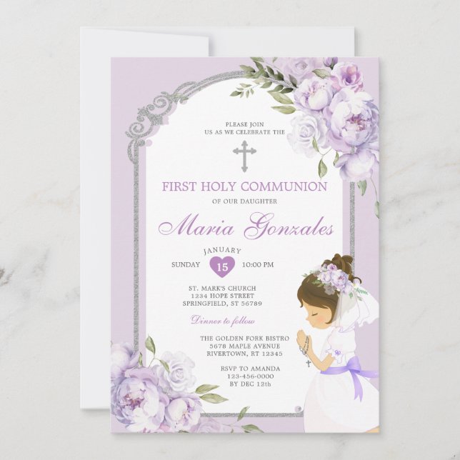 Invitación Girl Praying First Holy Communion Purple Floral (Anverso)