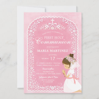 Invitación Girl Praying Pink Papel Picado 1st Holy Communion