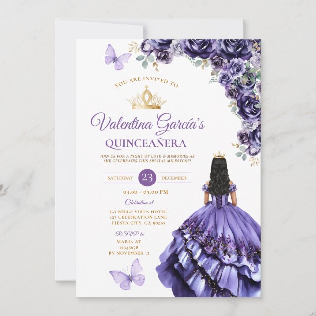 Invitación Girl Purple Dress Quinceañera 15 Anos Flowers Gold (Anverso)