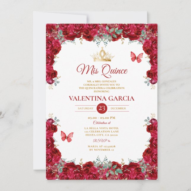Invitación Girl Red Quinceañera 15 Anos Flowers Gold Crown (Anverso)