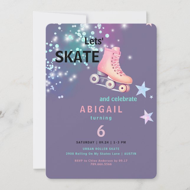 Invitación  Girl Roller Skating Purple Neon Birthday Party (Anverso)