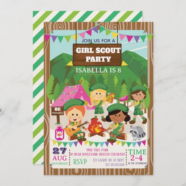 Invitación Girl Scouts Camping Birthday Party  (Anverso / Reverso)