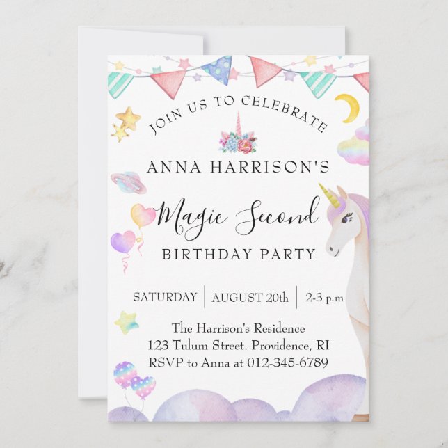 Invitación Girl Second Birthday Party Magic Unicorn (Anverso)