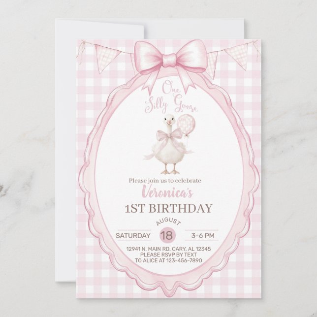 Invitación Girl Silly Goose 1st first birthday invite, goose. (Anverso)