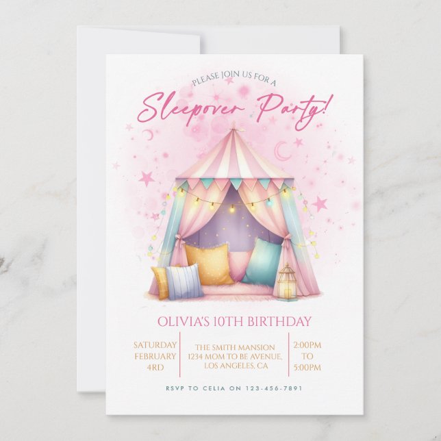 Invitación  Girl Sleepover birthday party (Anverso)