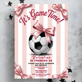 Invitación Girl Soccer Game Time Pink Bow Birthday
