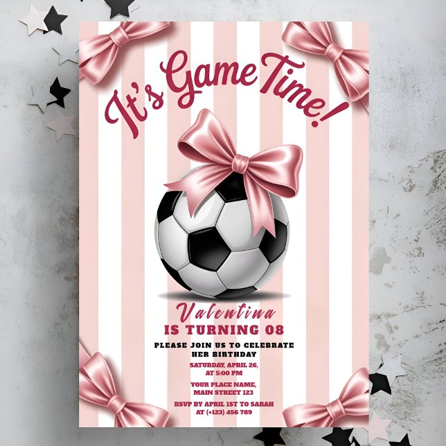 Invitación Girl Soccer Game Time Pink Bow Birthday (Subido por el creador)