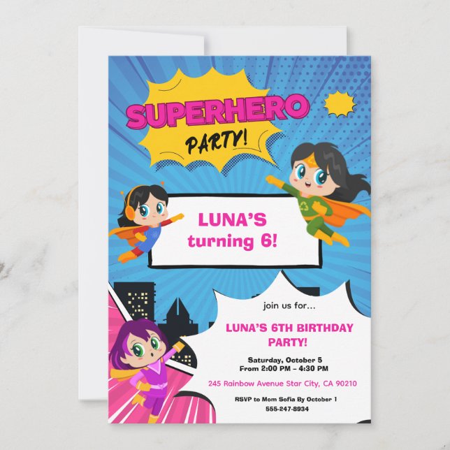Invitación Girl Superhero Birthday Invitation (Anverso)