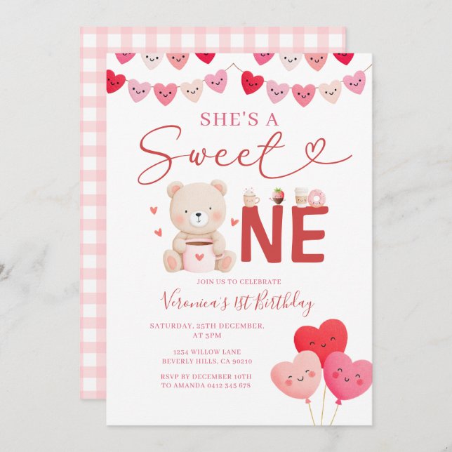 Invitación Girl Sweet One Bear Valentine Birthday Gift Party (Anverso / Reverso)