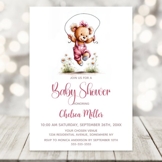Invitación Girl Teddy Bear Wearing Pink Overalls Baby Shower (Subido por el creador)