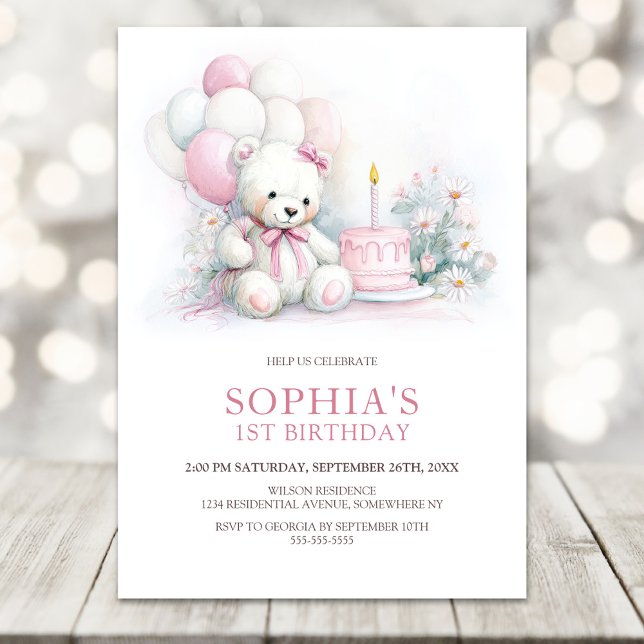 Invitación Girl Teddy Bear with Balloons 1st Birthday (Subido por el creador)