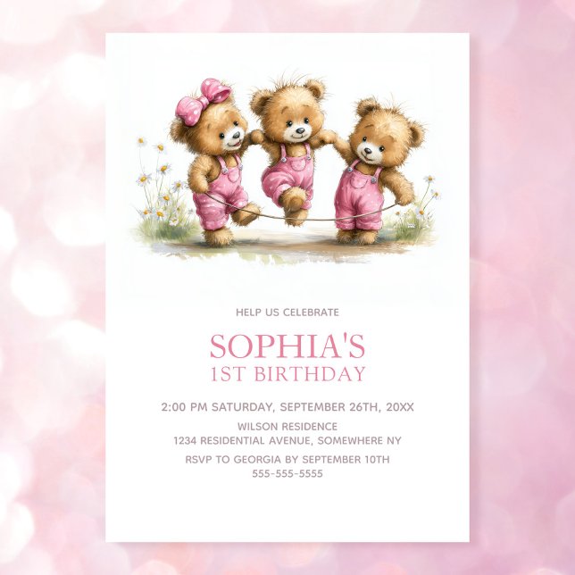Invitación Girl Teddy Bears 1st Birthday Party (Subido por el creador)