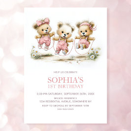 Invitación Girl Teddy Bears Jump Rope 1st Birthday Party