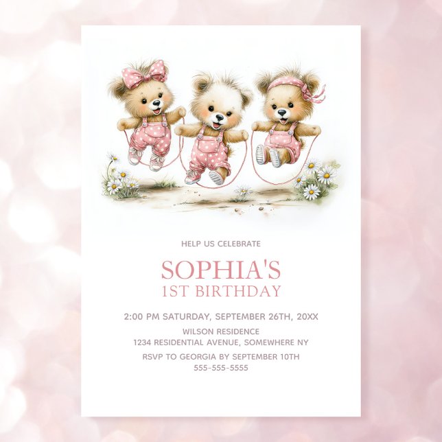Invitación Girl Teddy Bears Jump Rope 1st Birthday Party (Subido por el creador)