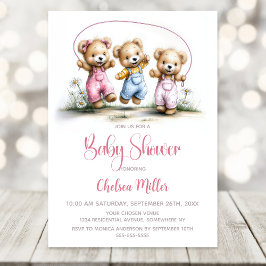 Invitación Girl Teddy Bears Playing Jump Rope Baby Shower