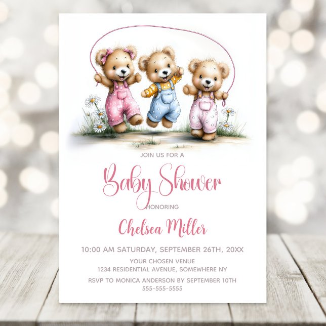 Invitación Girl Teddy Bears Playing Jump Rope Baby Shower (Subido por el creador)