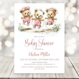 Invitación Girl Teddy Bears Wearing Pink Polka Dot Overalls