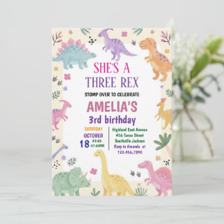 Invitación Girl Three Rex Dinosaur 3rd Birthday