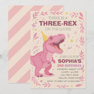 Invitación Girl Three-Rex Dinosaur Birthday