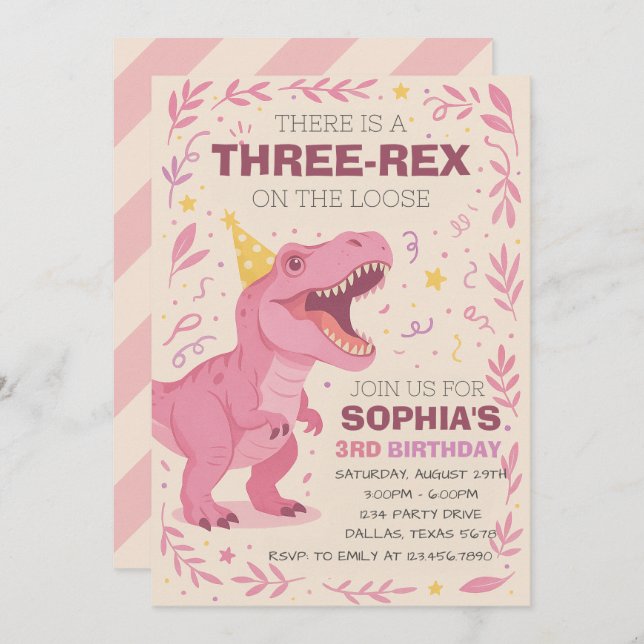 Invitación Girl Three-Rex Dinosaur Birthday (Anverso / Reverso)
