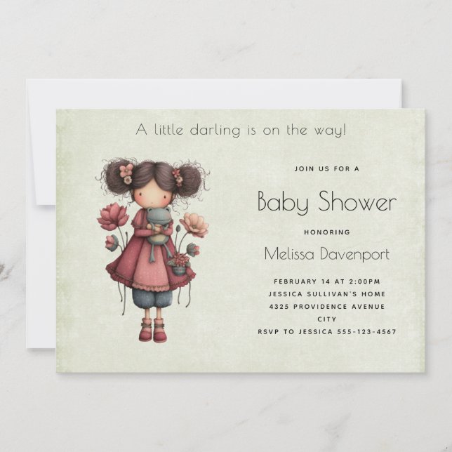Invitación Girl with A Frog Doll Cute Whimsical Baby Shower (Anverso)