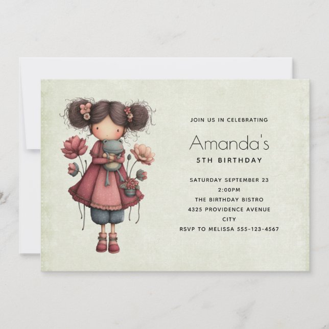 Invitación Girl with Toy Frog Cute Whimsical Doll Birthday (Anverso)