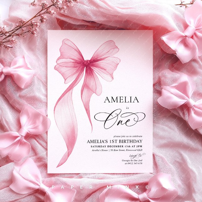 Invitación Girls 1st birthday pink bow coquette  (Amelia is One! Pink Bow 1st birthday invitation)