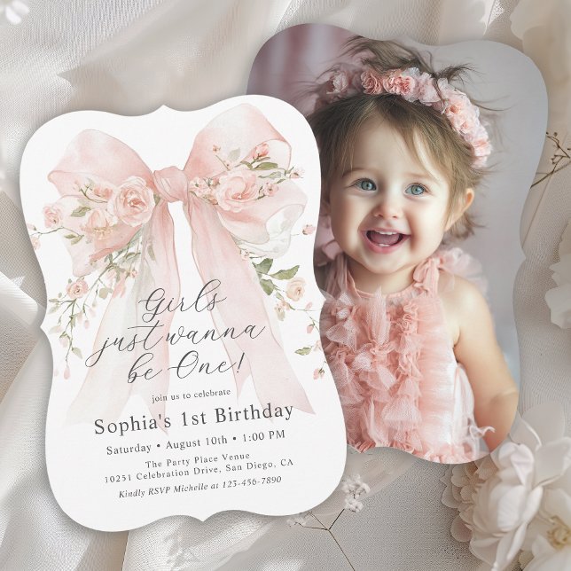 Invitación Girl's 1st Birthday Pink Floral Bow and Photo (Subido por el creador)