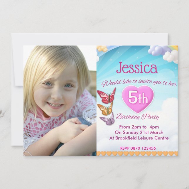 Invitación Girls 5th Birthday Party Photo Invite Butterflies (Anverso)
