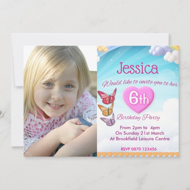 Invitación Girls 6th Birthday Party Photo Invite Butterflies (Anverso)