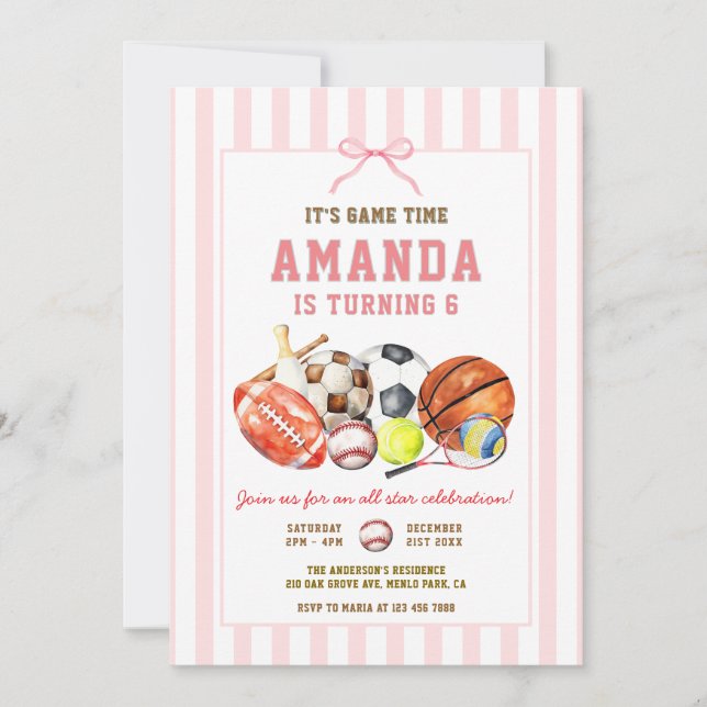Invitación Girls All Star Sports Ball Games Birthday Party (Anverso)