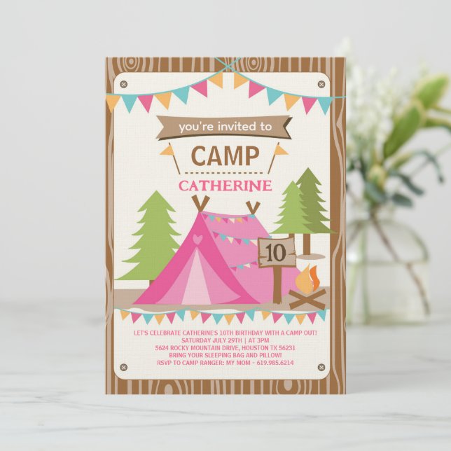 Invitación Girls Birthday Party Camping Birthday Party (Anverso de pie)