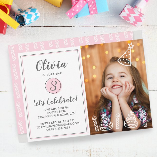 Invitación Girls Birthday Party Invitation Photo Candles Cake (Subido por el creador)