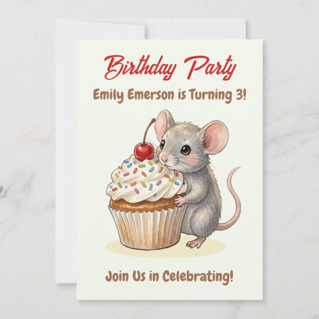 Invitación Girl's Birthday Party | Mouse & Cupcake Themed (Anverso)