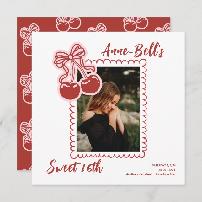 Invitación Girls Cherry Sweet 16th Birthday Invitation (Anverso / Reverso)