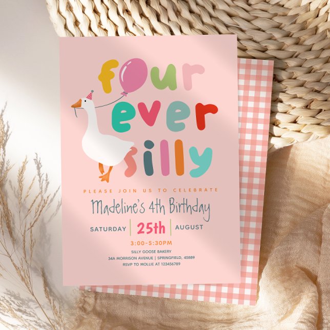 Invitación Girls Cute “Four Ever Silly” 4th Birthday Goose (Subido por el creador)