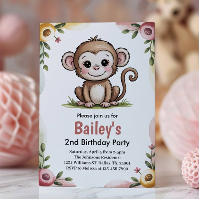 Invitación Girls Cute Monkey Jungle Birthday Party (Subido por el creador)