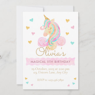 Invitación Girls Cute Pastel Unicorn Magical Birthday