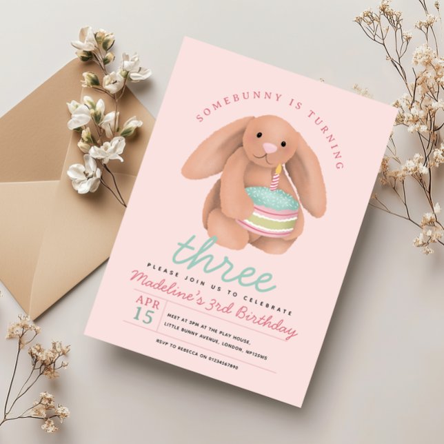 Invitación Girls Cute Pink Bunny Cake Birthday  (Subido por el creador)